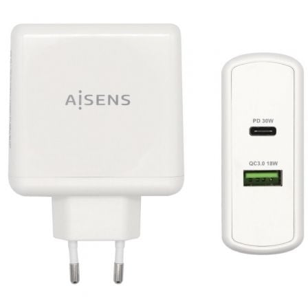 art_ais-carga20asch-2pd30qc-w_1.jpg Cargador de Pared Aisens ASCH-2PD30QC-W/ 1xUSB Tipo-C/ 1x USB/ 48W - Imagen 1
