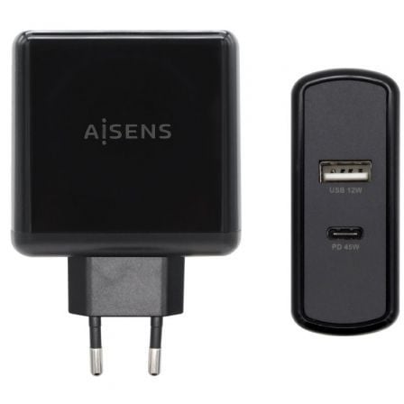 art_ais-carga20asch-2pd45a-bk_1.jpg Cargador de Pared Aisens ASCH-2PD45A-BK/ 1xUSB Tipo-C/ 1x USB/ 57W - Imagen 1