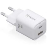 Cargador de Pared GaN Aisens ASCH-30W2P020-W/ 1xUSB Tipo-C/ 1xUSB/ 30W