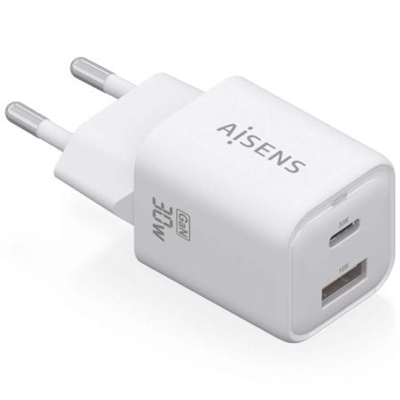 art_ais-carga20asch-30w2p020-w_1.jpg Cargador de Pared GaN Aisens ASCH-30W2P020-W/ 1xUSB Tipo-C/ 1xUSB/ 30W - Imagen 1