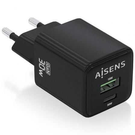 art_ais-carga20asch-30w2p038-bk_1.jpg Cargador de Pared GaN Aisens ASCH-30W2P038-BK/ 1xUSB Tipo-C/ 1xUSB/ 30W - Imagen 1