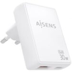 Cargador de Pared GaN Aisens ASCH-30W2P074-W/ 1xUSB Tipo-C/ 1xUSB/ 30W/ Blanco