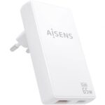 Cargador de Pared GaN Aisens ASCH-65W2P076-W/ 1xUSB Tipo-C/ 1xUSB/ 65W/ Blanco