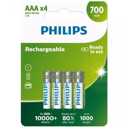 art_phil-pila20r03b4a702010_1.jpg Pack de 4 Pilas AAA Philips R03B4A70/10/ 1.2V/ Recargables - Imagen 1