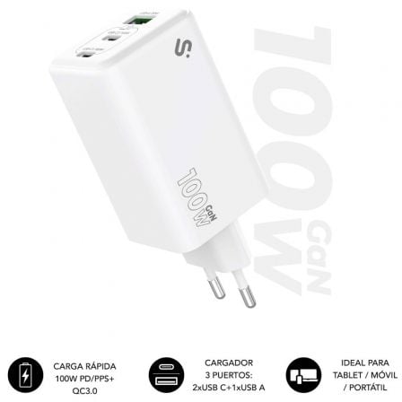 art_sub-carga20subchg-6g1003_1.jpg Cargador de Pared GaN Subblim 100W Charger USB C+C+A/ 2xUSB Tipo-C/ 1xUSB/ 100W - Imagen 1