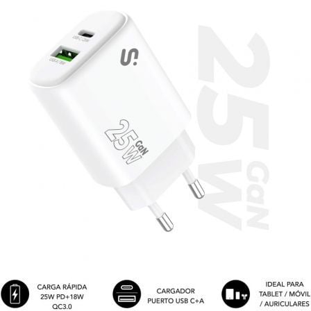 art_sub-carga20subchg-6g2510_1.jpg Cargador de Pared GaN Subblim 25W Charger USB C+A/ 1xUSB Tipo-C/ 1xUSB/ 25W - Imagen 1