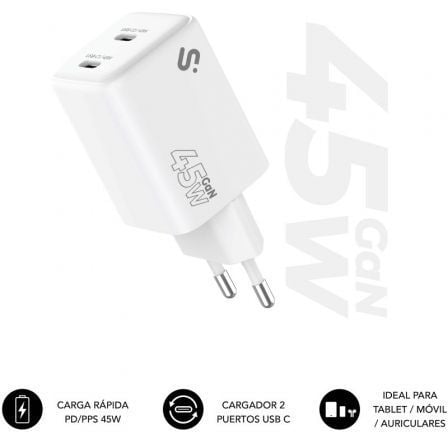 art_sub-carga20subchg-6g4520_1.jpg Cargador de Pared GaN Subblim 45W Charger USB C+C/ 2xUSB Tipo-C/ 45W - Imagen 1