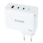 Cargador de Pared GaN TooQ TQWC-GANQC2PD100W/ 2xUSB Tipo-C/ 1xUSB/ 100W