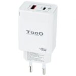 Cargador de Pared GaN TooQ TQWC-GANQCPD45WT/ 1xUSB Tipo-C/ 1xUSB/ 45W