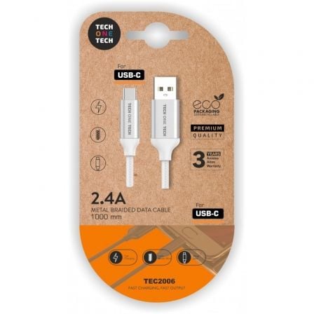 art_tot-cab20tec2006_1.jpg Cable USB 2.0 Tech One Tech TEC2006/ USB Tipo-C Macho - USB Macho/ 480Mbps/ 1m/ Blanco - Imagen 1