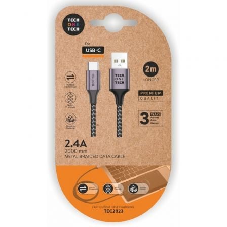 art_tot-cab20tec2023_1.jpg Cable USB 2.0 Tipo-C Tech One Tech TEC2023/ USB Tipo-C Macho - USB Macho/ 2m/ Gris - Imagen 1