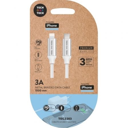 art_tot-cab20tec2203_1.jpg Cable USB Tipo-C Lightning Tech One Tech TEC2203/ Lightning Macho - USB Tipo-C Macho/ Hasta 20W/ 480Mbps/ 1m/ Blanco - Imagen 1