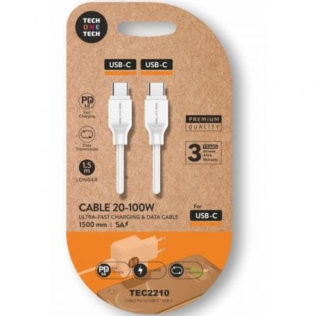 art_tot-cab20tec2210_1.jpg Cable USB 2.0 Tipo-C Tech One Tech TEC2210/ USB Tipo-C Macho - USB Tipo-C Macho/ Hasta 100W/ 480Mbps/ 1.5m/ Blanco - Imagen 1