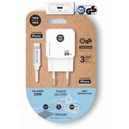 art_tot-car20tec2222_1.jpg Cargador de Pared Tech One Tech TEC2222/ 1xUSB Tipo-C + Cable Lightning/ 20W/ Blanco - Imagen 1
