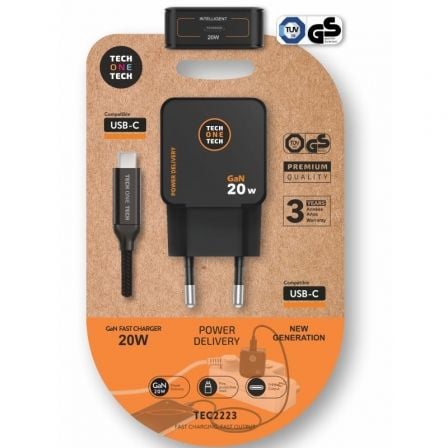 art_tot-car20tec2223_1.jpg Cargador de Pared GaN Tech One Tech TEC2223/ 1xUSB Tipo-C + Cable USB Tipo-C/ 20W/ Negro - Imagen 1