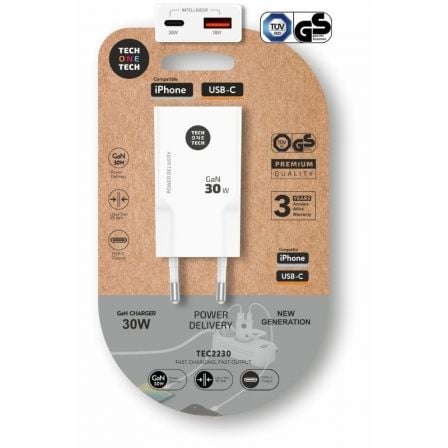 art_tot-car20tec2230_1.jpg Cargador de Pared GaN Tech One Tech GaN TEC2230/ 1xUSB Tipo-C/ 1xUSB/ 30W/ Blanco - Imagen 1