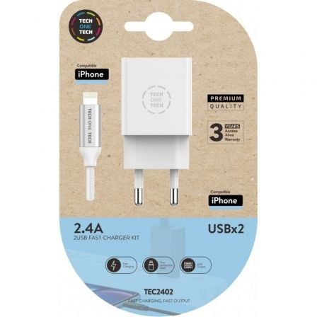 art_tot-car20tec2402_1.jpg Cargador de Pared Tech One Tech TEC2402/ 2xUSB + Cable Lightning/ 12W/ Blanco - Imagen 1