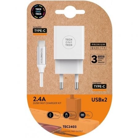 art_tot-car20tec2403_1.jpg Cargador de Pared Tech One Tech TEC2403/ 2xUSB + Cable USB Tipo-C/ 12W/ Blanco - Imagen 1