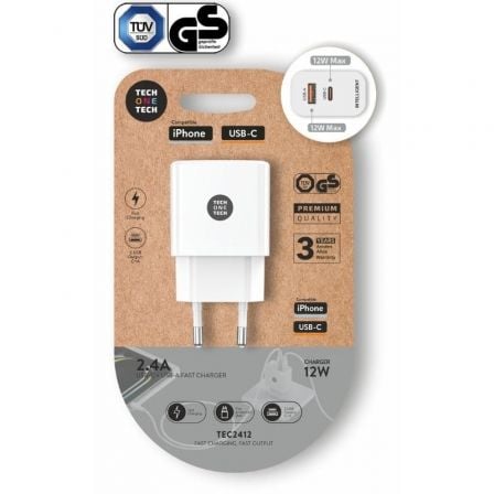 art_tot-car20tec2412_1.jpg Cargador de Pared Tech One Tech TEC2412/ 1xUSB Tipo-C/ 1xUSB/ 12W/ Blanco - Imagen 1