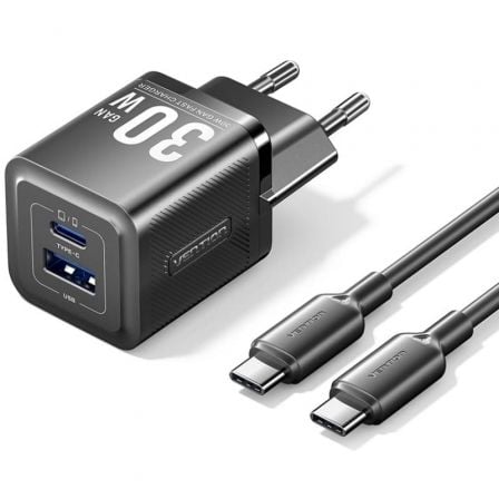 art_ven-carga20tz-feqb0-eu-01_1.jpg Cargador de Pared GaN Vention TZ-FEQB0-EU-01/ 1xUSB Tipo-C/ 1xUSB + Cable USB Tipo-C/ 30W - Imagen 1
